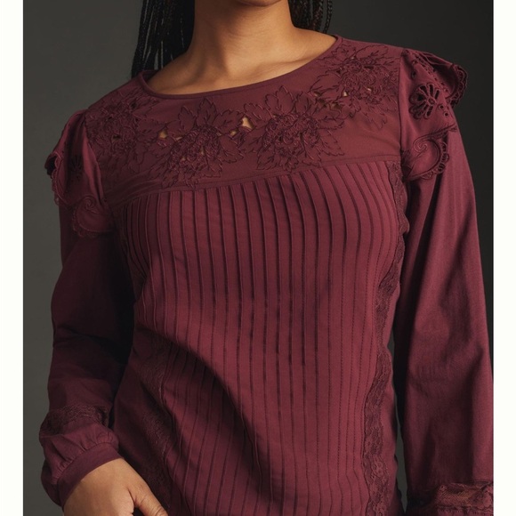 Anthropology Tiny Long-Sleeve Crescent Ruffled Lace Top - Picture 8 of 8
